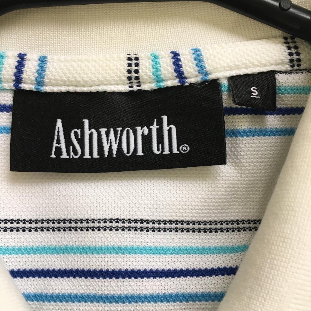 アシュワース 半袖ポロシャツ 白×ブルー ボーダー メンズ S ゴルフウェア ASHWORTH