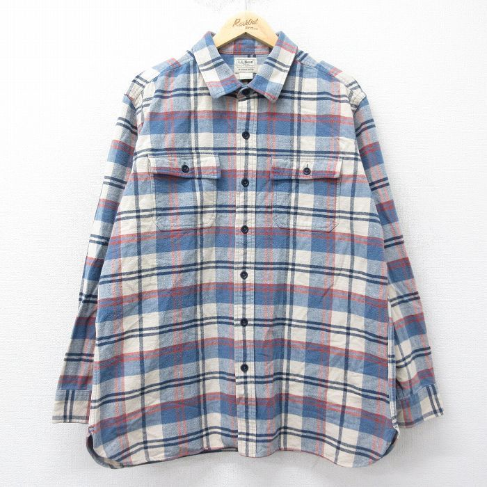 XL/古着 エルエルビーン LLBEAN 長袖 ヘビー フランネル シャツ メンズ 00s ロング丈 コットン 薄紺他 ネイビー チェック 24sep25 中古 ト