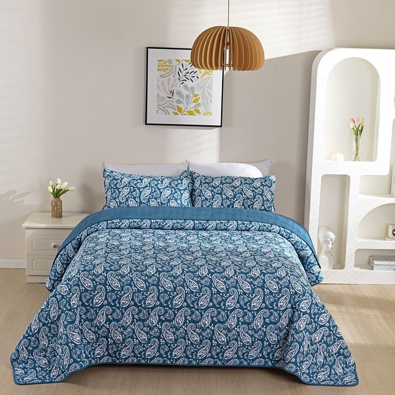 キルトベッドカバー3点セット綿マルチカバー キルティング 164ブルー