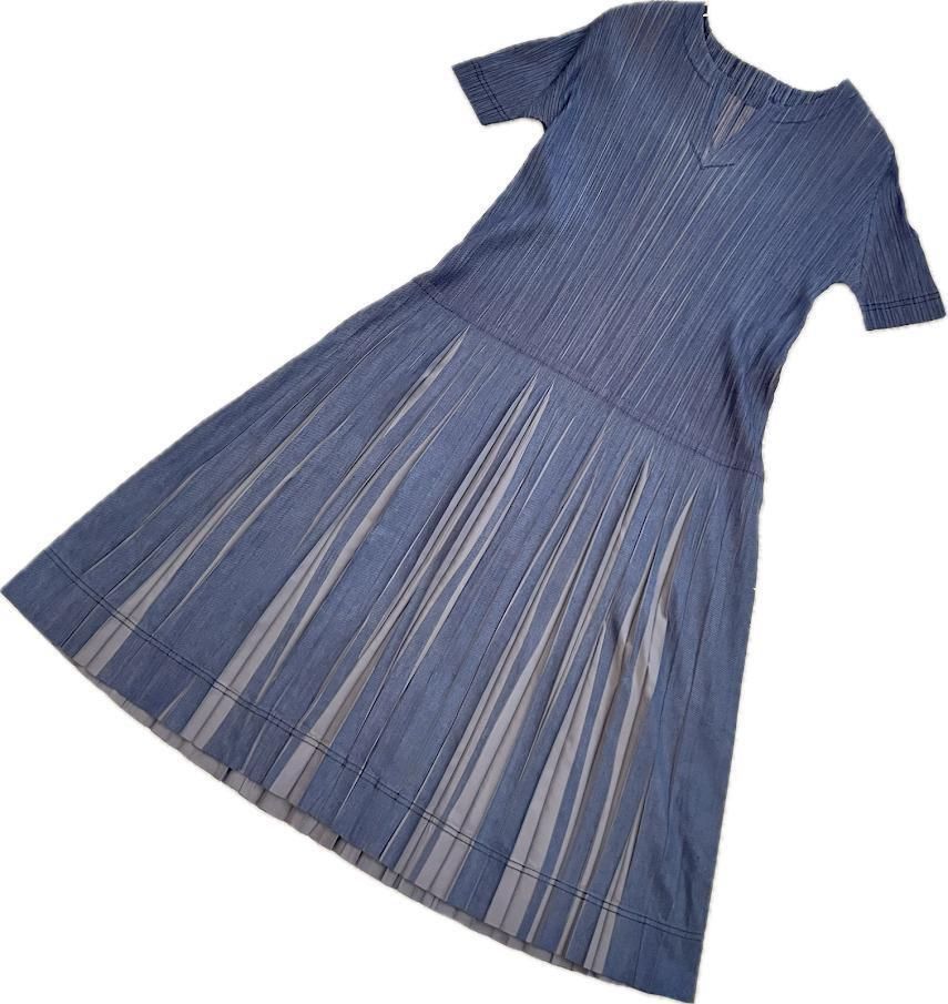 DUCKですプリーツプリーズイッセイミヤ　　デニム柄ワンピース PLEATS PLEASE ISSEY MIYAKE】プリーツプリーズイッセイミヤケ