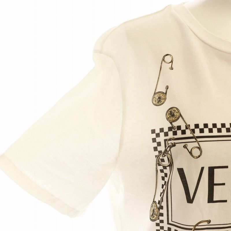 ヴェルサーチ ヴェルサーチェ VERSACE Tシャツ カットソー 半袖 プリント ロゴ メデューサ 安全ピン 38 XS 白 ホワイト A83849 ヴェルサーチ ヴェルサーチェ VERSACE Tシャツ カットソー 半袖