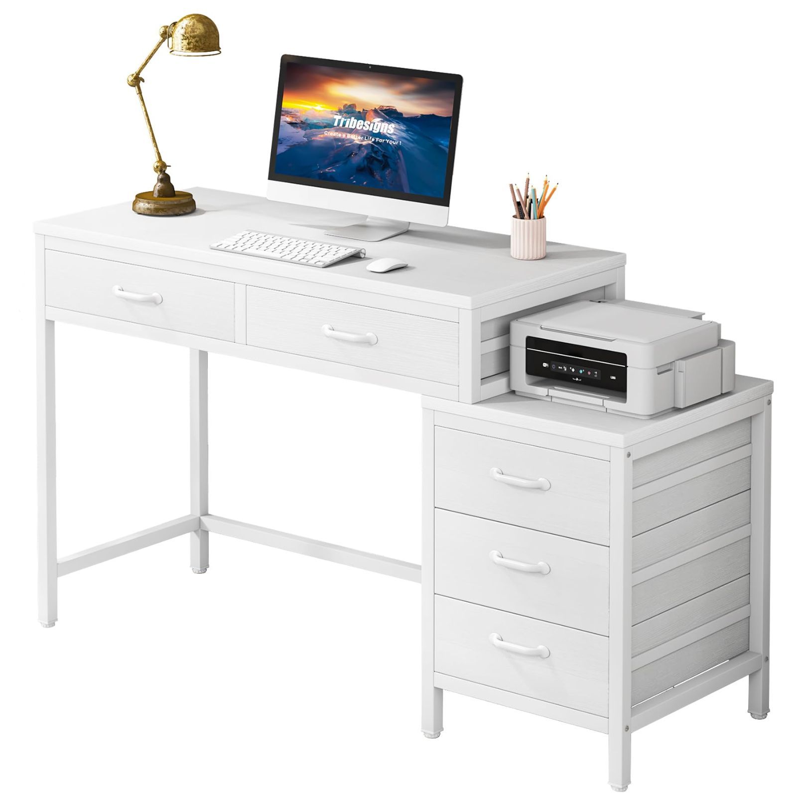 人気商品 学習デスク ホワイト 勉強机 ゲーミングデスク pcデスク ドレッサーテーブル 机 幅130cm 引き出し付き 白 おしゃれ パソコンデスク デスク Tribesigns