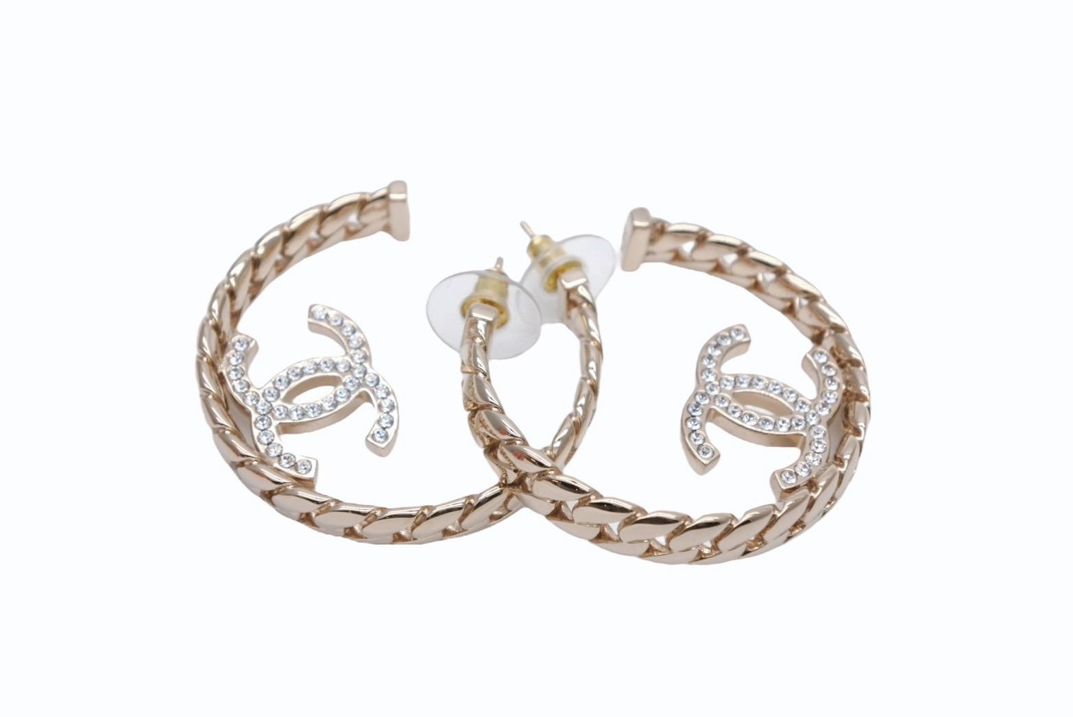 CHANEL シャネル フープピアス B24P刻印 重量約25.1g ココマーク GP メタル ラインストーン ゴールド クリア 両耳用 4b007520