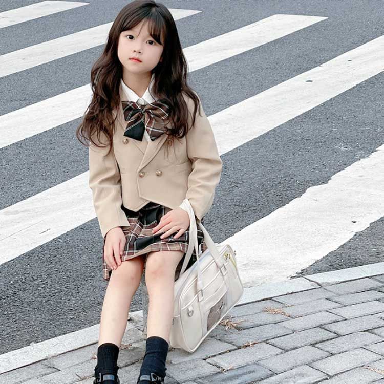 長袖 4点セット セットアップ 女の子 プリーツスカート 上下セット ジャケット 小学生 シャツ キッズ服 リボン 春秋 チェック柄 入学式 卒業式 七五三 フォーマル おしゃれ 子供服 可愛い 小# 4点セット 長袖 女の子 | 長袖トップス フォーマル
