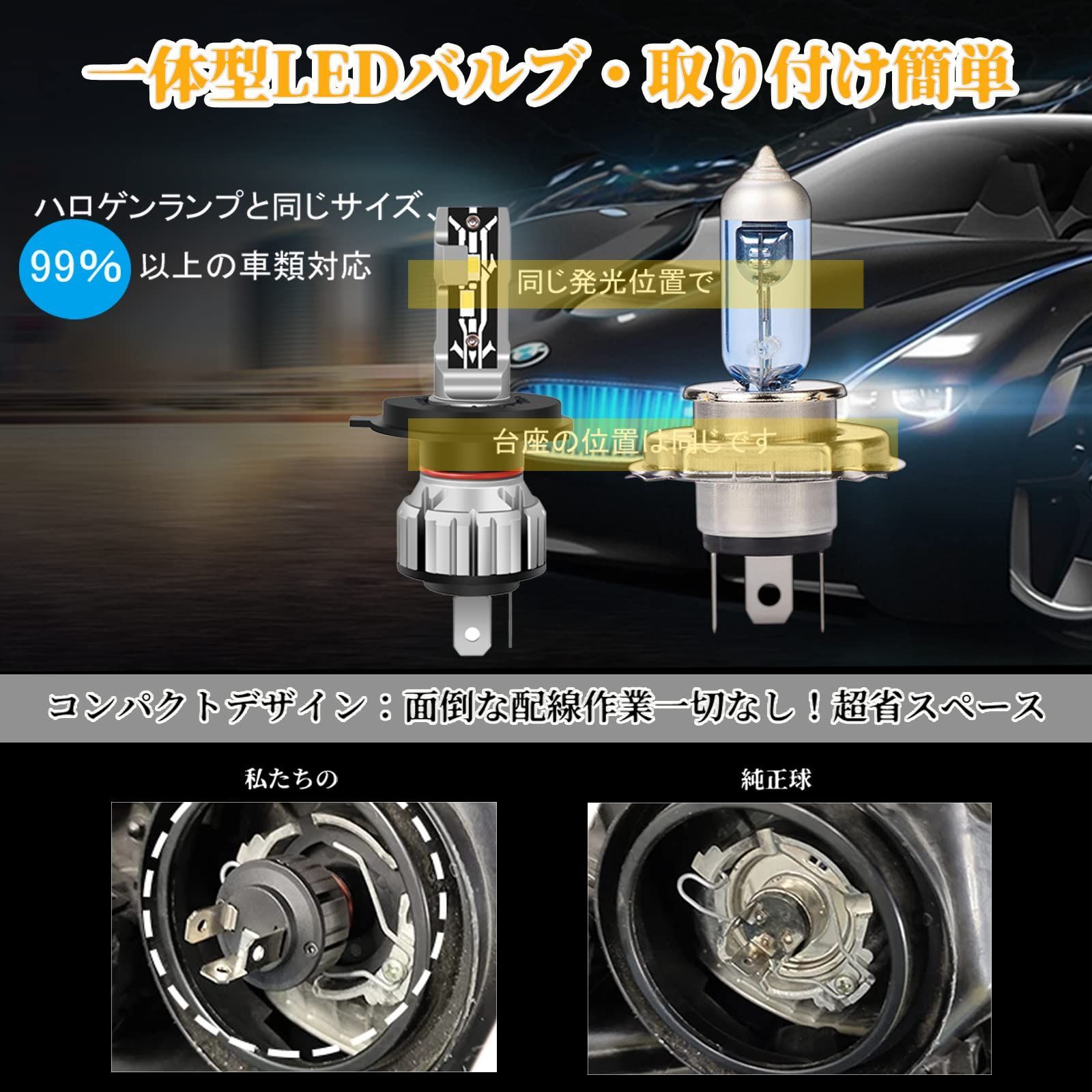 LTONXEN H4 LED ヘッドライト 車検対応 ファンレス 一体型 H4 HI/LO切替 LED バルブ 6000K ホワイト 車用 DC9-18V  LED ヘッドライト 2個入… - メルカリ