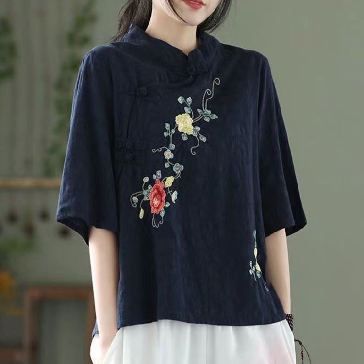 夏服 刺繍ブラウス チャイナブラウス 送料無料 花柄刺繍ブラウス