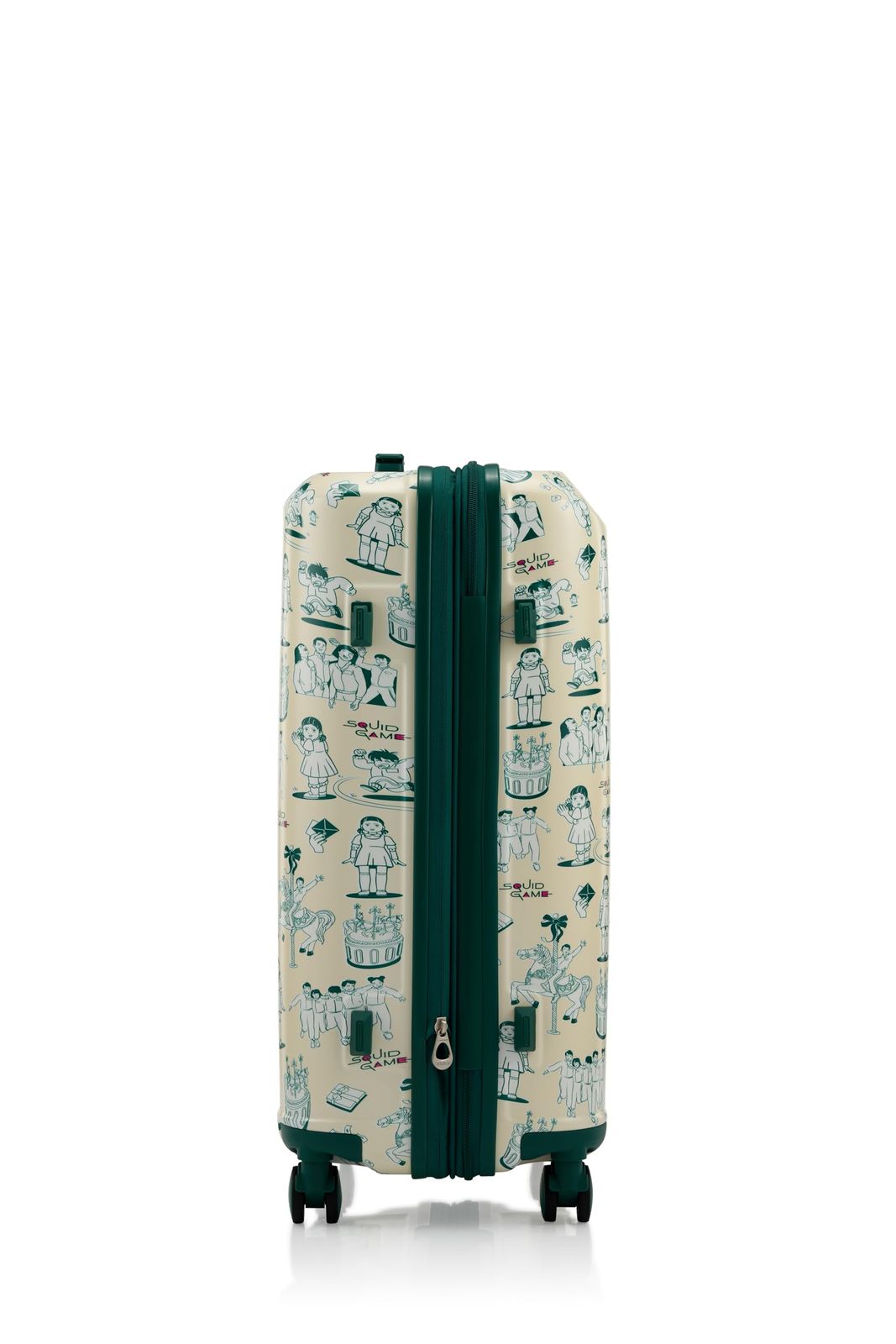 L 68 75 TSAロック キャラクター柄 67cm ピンクガードのラゲッジ エキスパンダブル 拡張機能付き 4-6泊 中型 3.9kg Mサイズ 67 スピナー GAME SQUID パール×ディープグリーン スクイッドゲーム イカゲーム