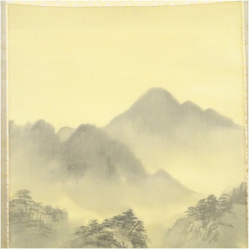 【本表装】肉筆掛け軸水墨画　山水画「山峡帆影」美術品　絵画　和室　茶室　床の間 本表装】肉筆掛け軸水墨画 山水画「黄山」美術品 絵画 和室 茶室