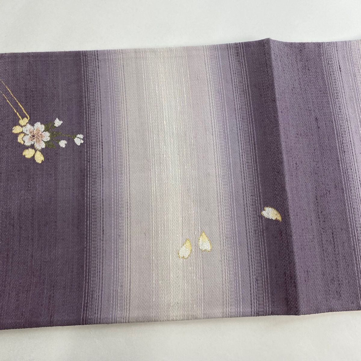 正絹開き名古屋帯、グレー、桜刺繍、金糸銀糸 レディース