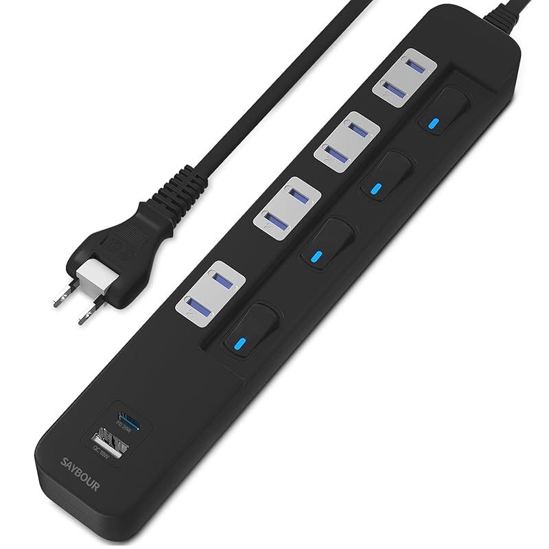 SAYBOUR USBタップ USB-C 1ポート USB-A 1ポート 差込口 4口 電源タップ 雷ガード コンセント 省エネ 個別スイッチ PSE認証済 (5m， ブラック) 1