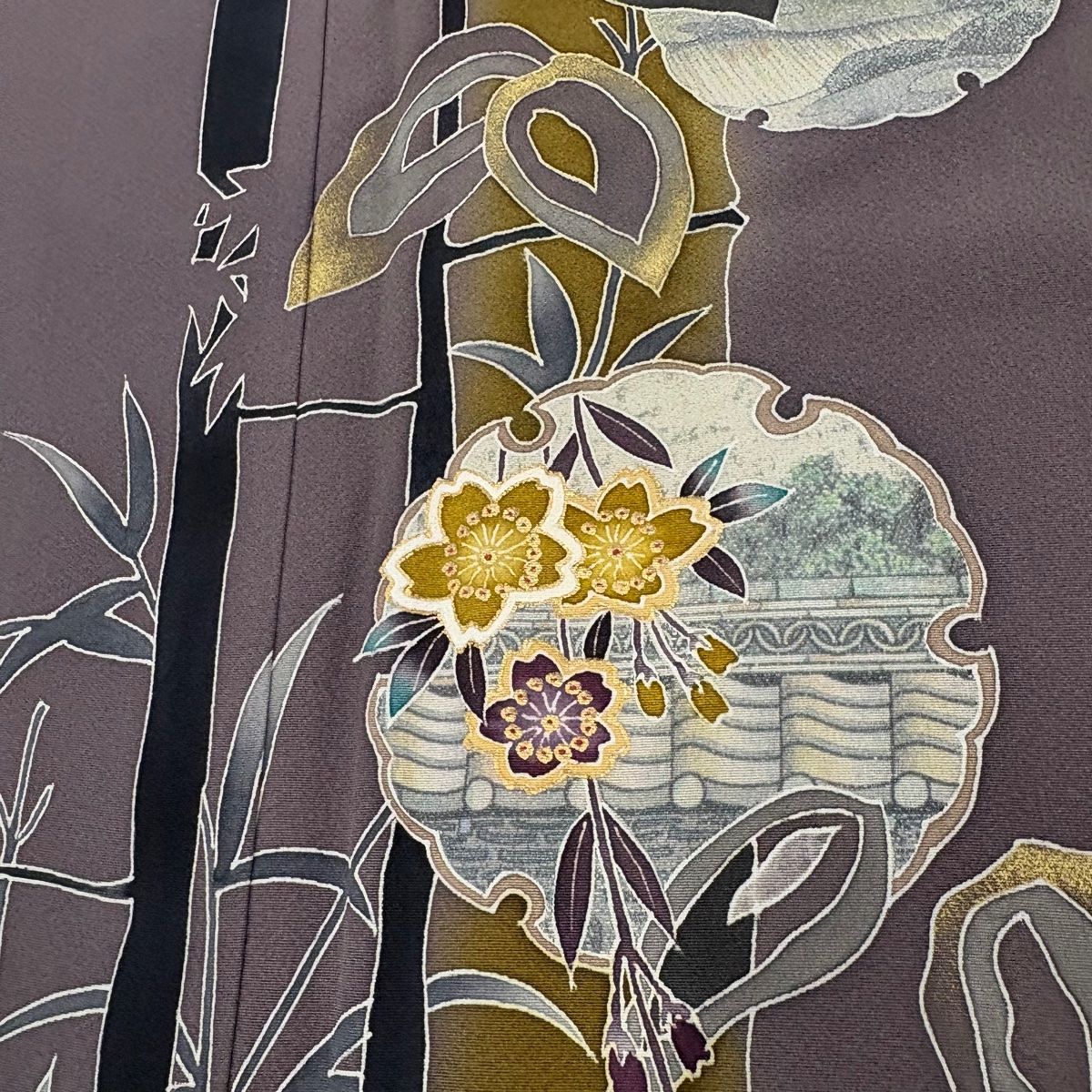 付下げ 身丈159cm 裄丈68cm L 袷 雪輪 竹 金彩 灰紫 正絹 秀品