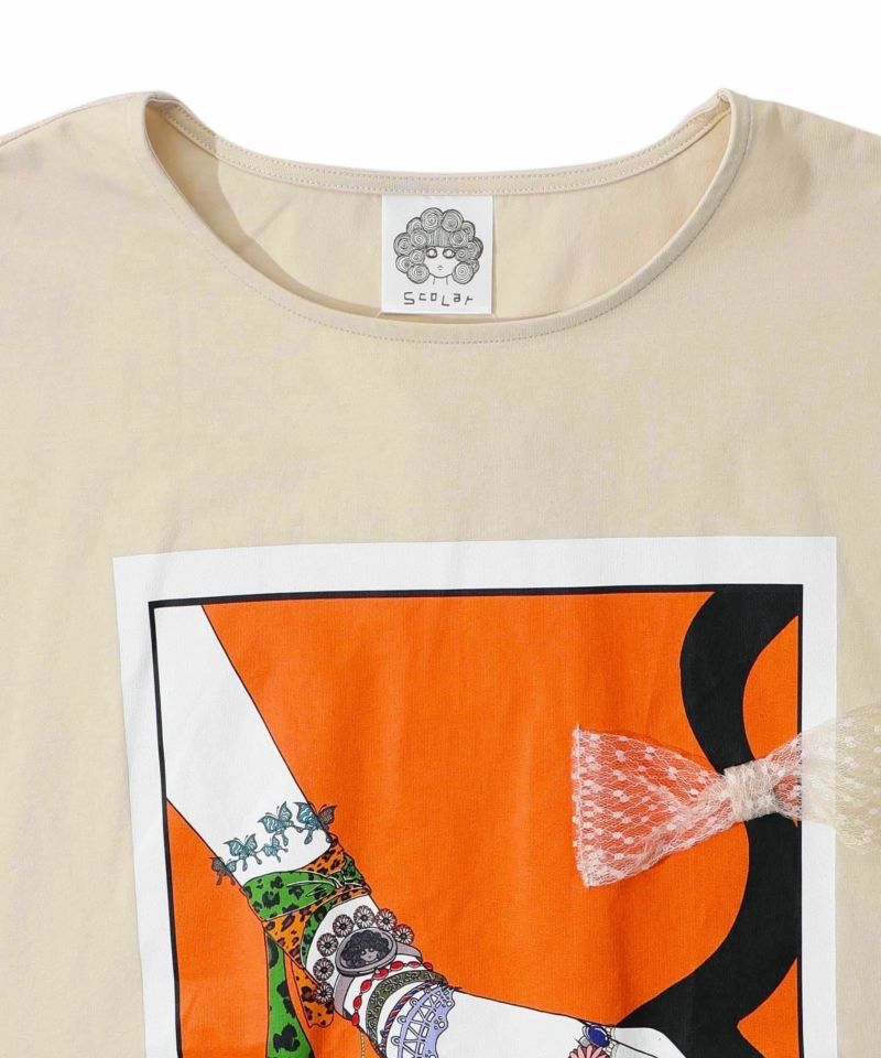 ス ネコ撫でプリント×ドットチュール重ねチュニック