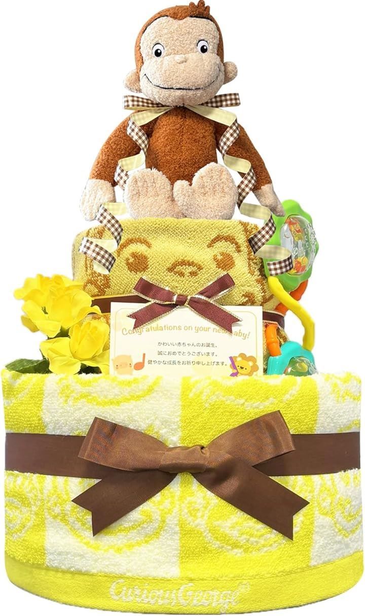 KanonBabys おむつケーキ 男の子 女の子 出産祝い 赤ちゃん 誕生日 ベビーシャワー ギフト イエロー 2段 Sサイズ
