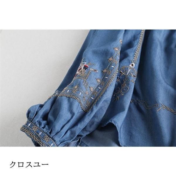 ブラウス レディース トップス チュニック 春 夏 デニム プルオーバー 花柄 刺繍 長袖 Uネック 体型カバー 大きいサイズ 薄手 40代　 ブラウス レディース トップス チュニック 春 夏 デニム プル