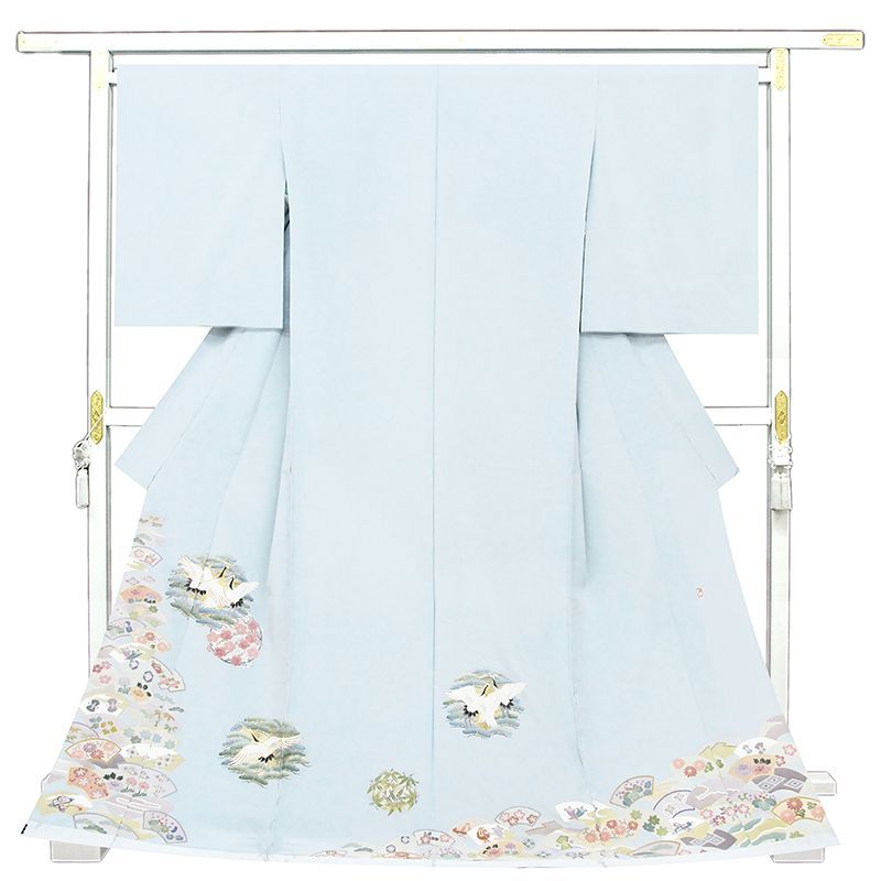 記念感謝祭 仕立無料 京友禅伝統工芸手描き 本金 刺繍入色留袖 王朝鶴舞松竹梅扇面宝尽し文 10012381