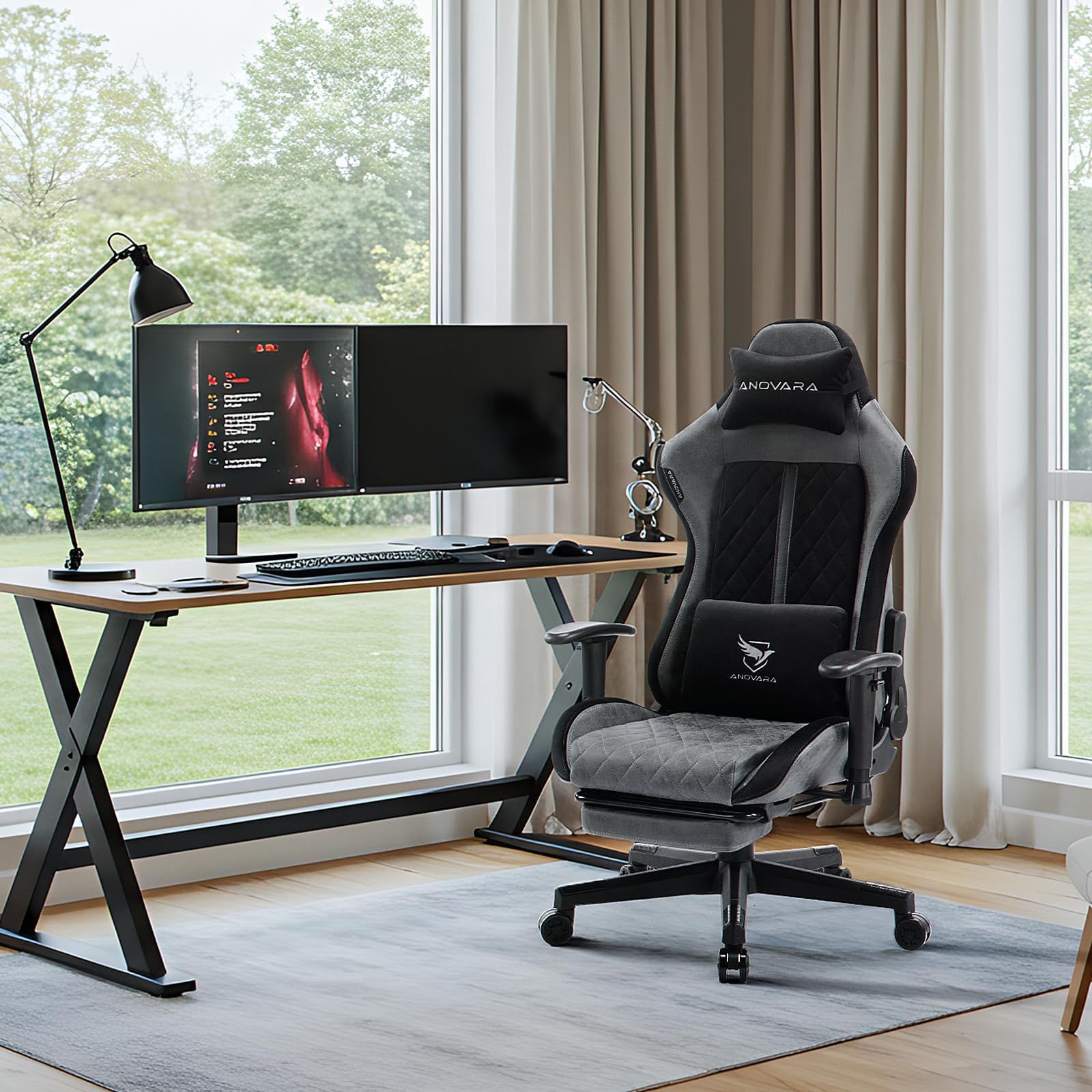 パソコンチェア リクライニング オットマン付き ハイバック ゲーム用チェア ヘッドレスト デスクチェア ランバーサポート オフィスチェア 3Dアームレスト ゲーミングチェア 高さ調整機能 Anovara アノヴァラ グレー