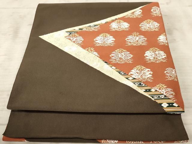平和屋着物◎綴れ 八寸名古屋帯 草花文 金銀糸 正絹 逸品