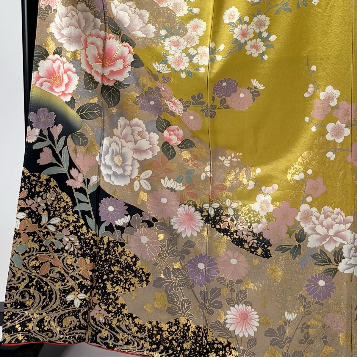振袖 身丈167cm 裄丈65.5cm M 袷 草花 霞 金彩 染め分け からし