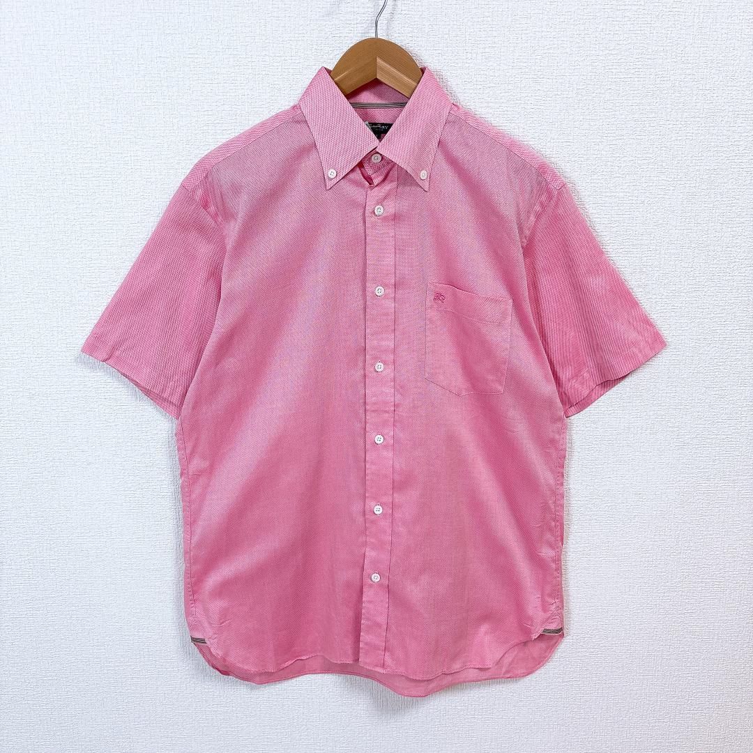バーバリーロンドン 半袖シャツ 綿 ボタンダウン M ロゴ ピンク