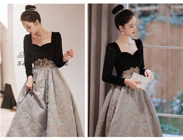 ロングドレス ドレス 袖付き ワンピース 結婚式 お呼ばれ 演奏会用 30代 二次会 40代 花嫁 黒 20代 パーティードレス am4a924811