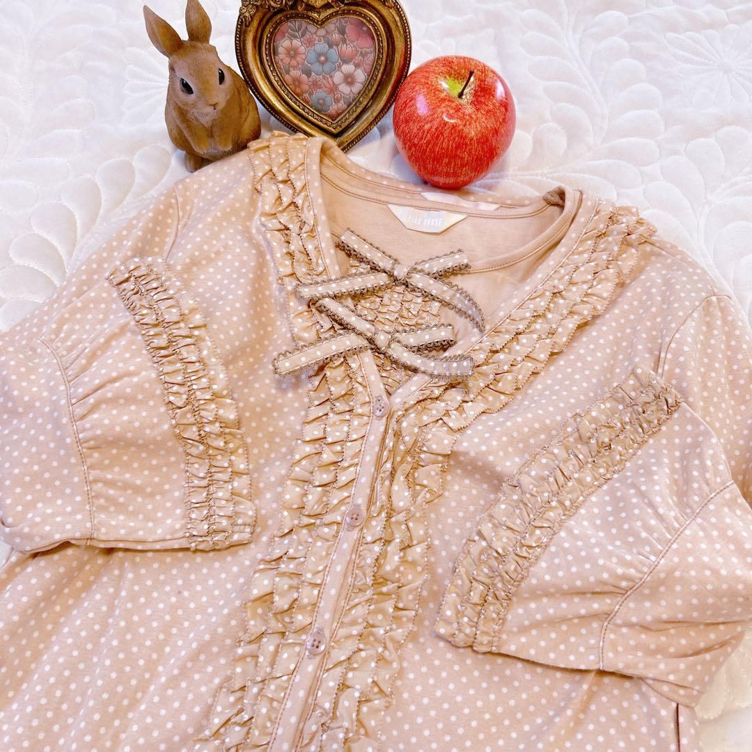 PINK HOUSE ピンクハウス ドット柄 ピコフリル リボン アンサンブル カットソー カーディガン ピンクベージュ