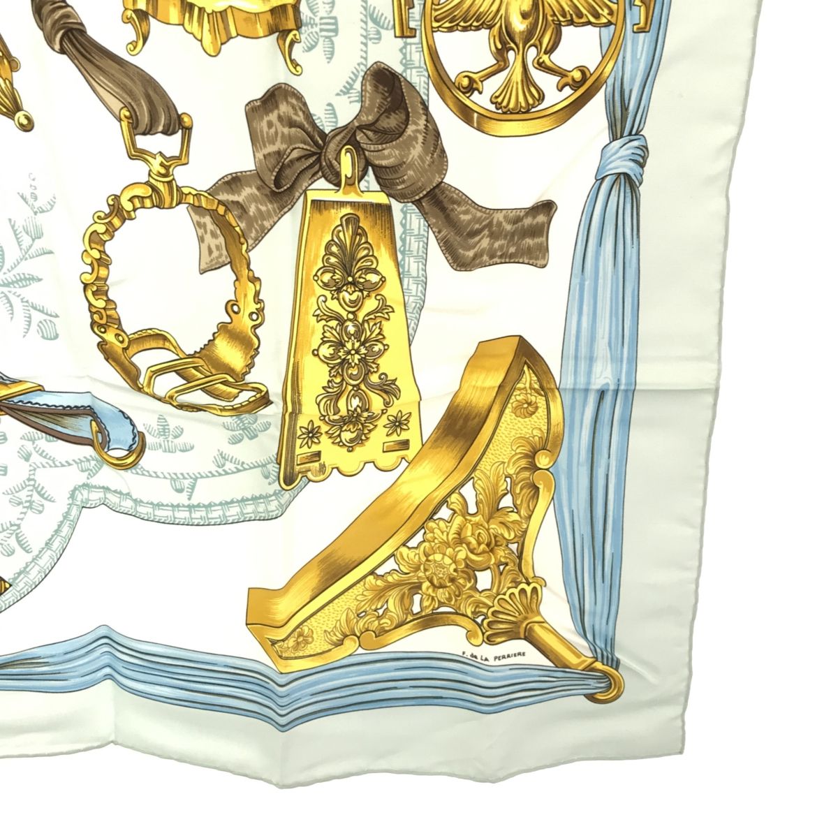 HERMES エルメス カレ90 ETRIERS 鐙柄 馬具柄 ライトブルー 黄色