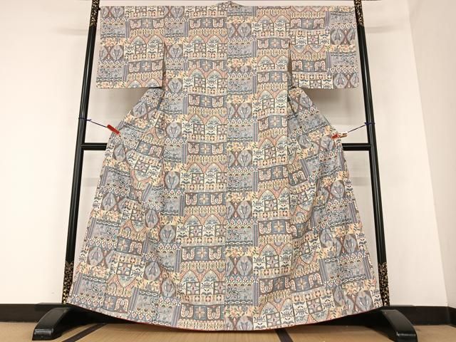 平和屋着物 上質な紬 横段花文 正絹 AABA0362zg