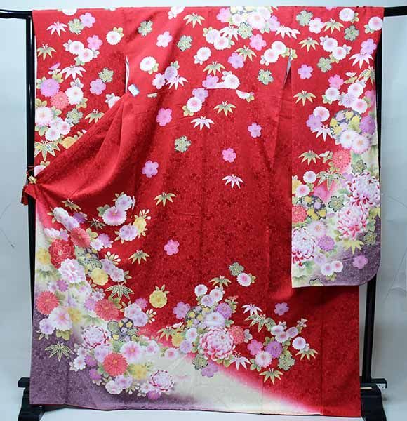 成人式 振袖 正絹 銀通し牡丹、桜花車に鞠刺繍S〜Mサイズ