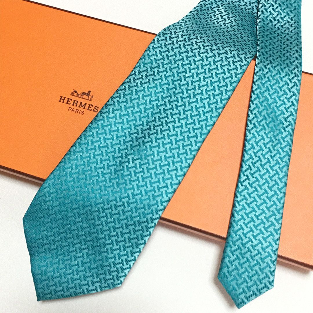 美品 エルメス HERMES ネクタイ シルク100% ターコイズブルー H柄 2510 