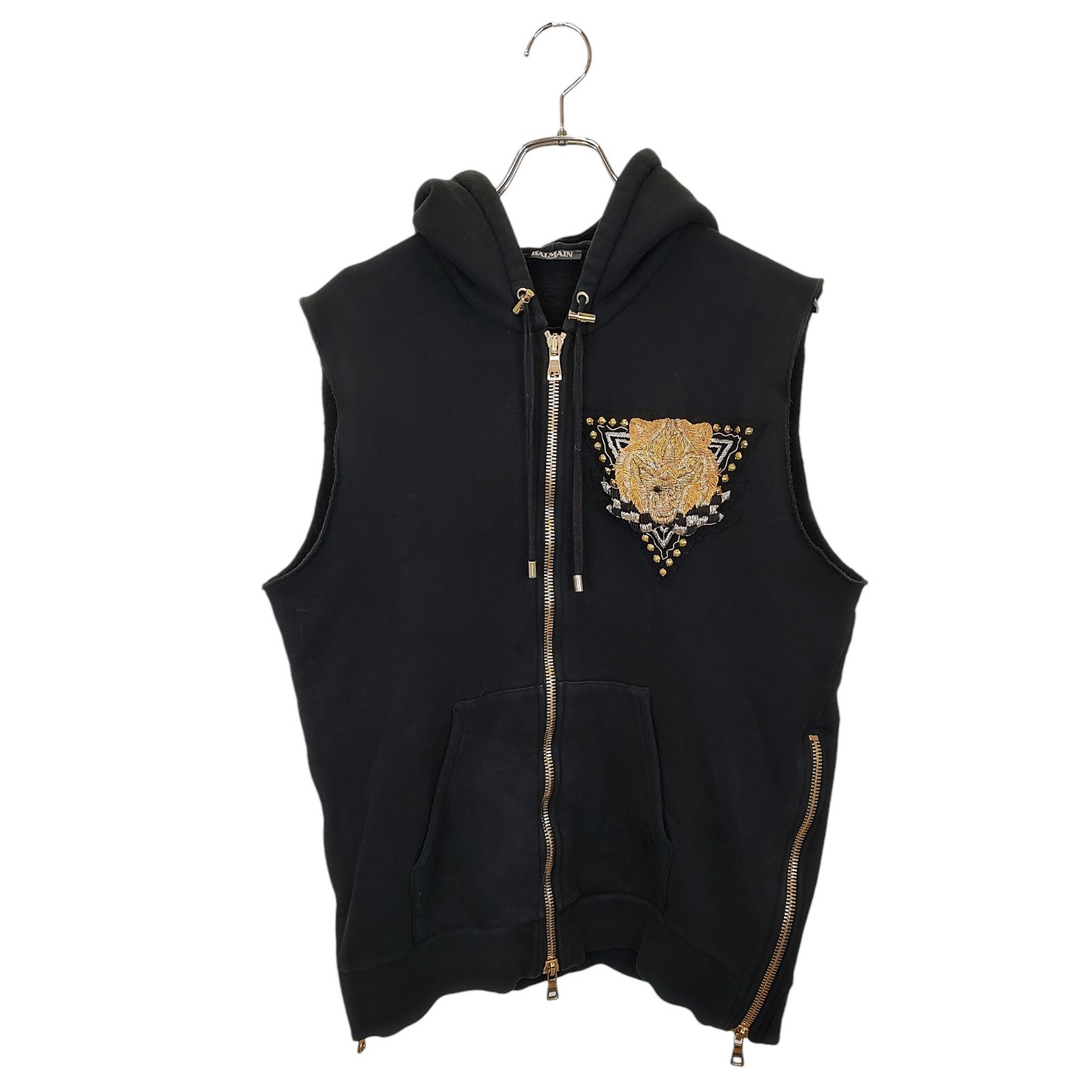 BALMAIN HOMME バルマンオム ジップアップ ベスト パーカー W7H6644IO54B L ブラック|ゴールド