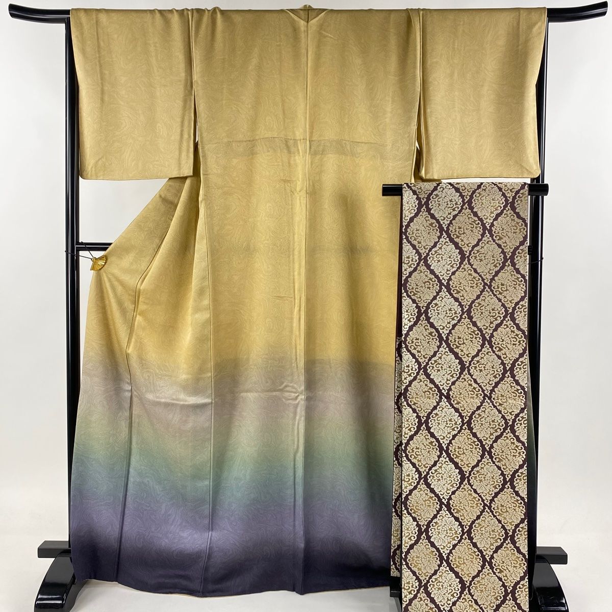 付下げ 身丈168.5cm 裄丈68cm L 袷 袋帯セット 墨流し ぼかし 黄土色  