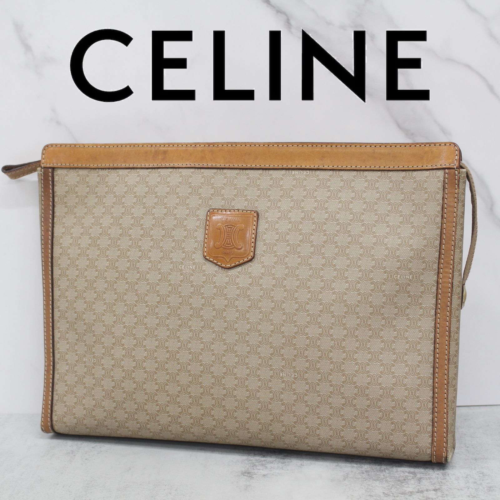 S036)CELINE クラッチバッグ マカダム柄 ベージュ セカンドバッグ