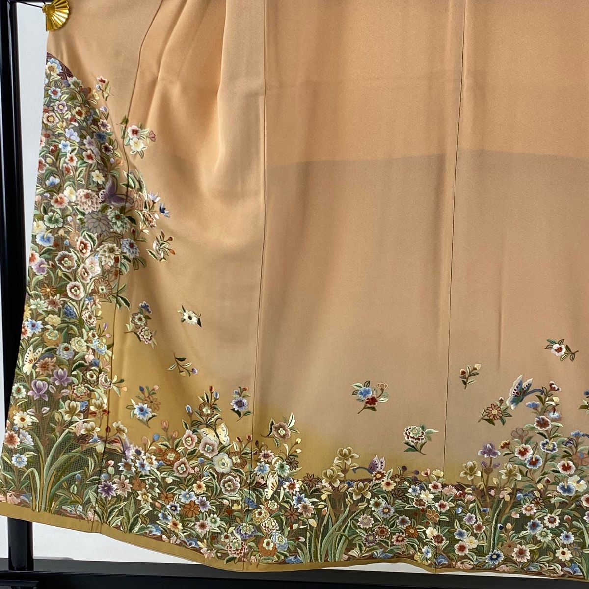 訪問着 身丈152.5cm 裄丈63.5cm S 袷 落款 草花 蝶 刺繍 金糸 薄  