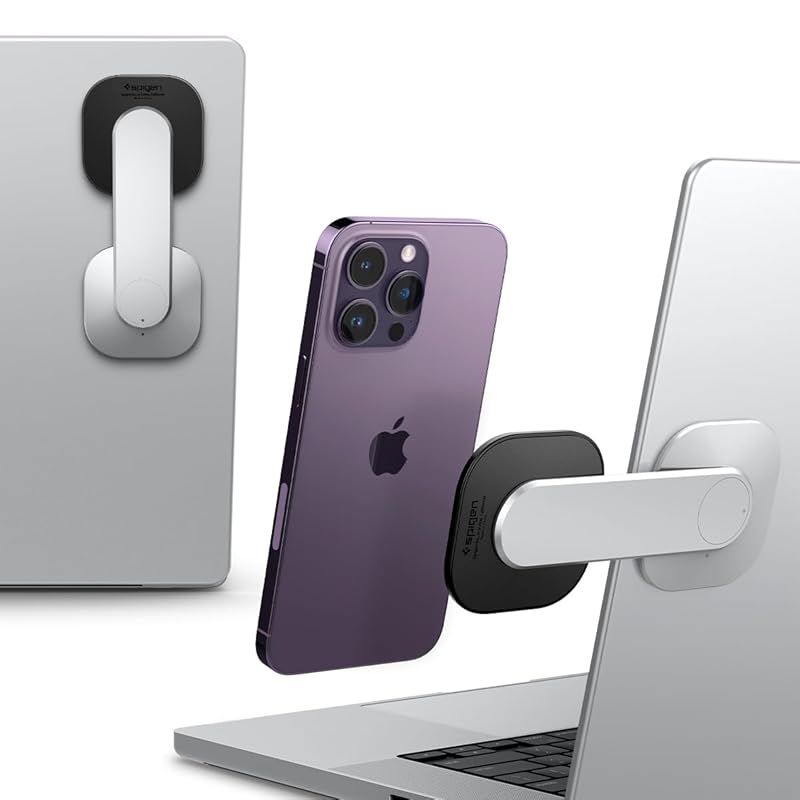 【新着商品】Spigen 磁気ノートパソコン電話ホルダー 90調節可能 デスクトップモニターサイドノートパソコンマウント iPhone 15、14、13、12 シリーズと互換可能 MagSafe 用に設計 ワンタップモニ Spigen 磁気ノートパソコン電話ホルダー 90°調節可能 (ブラック) 磁気ノートパソコンホルダー デスクトップ