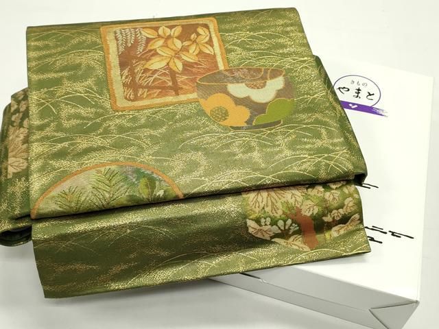 平和屋着物●ワンタッチつけ帯 陶器色紙草花文 金糸 き やまと誂製 正絹 ♥ DAAV9431ob