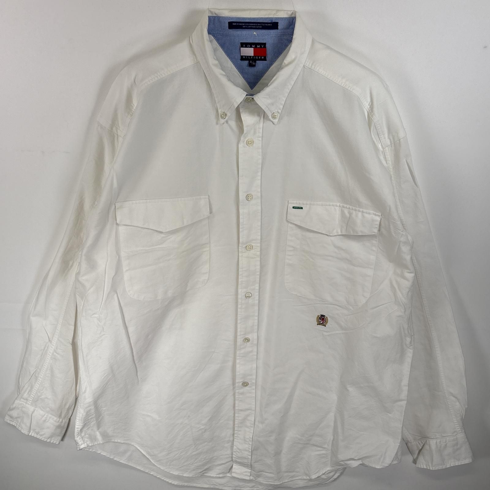 古着 90's/90年代 トミーヒルフィガー TOMMY HILFIGER 長袖シャツ ワンポイント ロゴ 刺繍 フラップポケ 厚手 XL  ホワイト 無地 メンズ