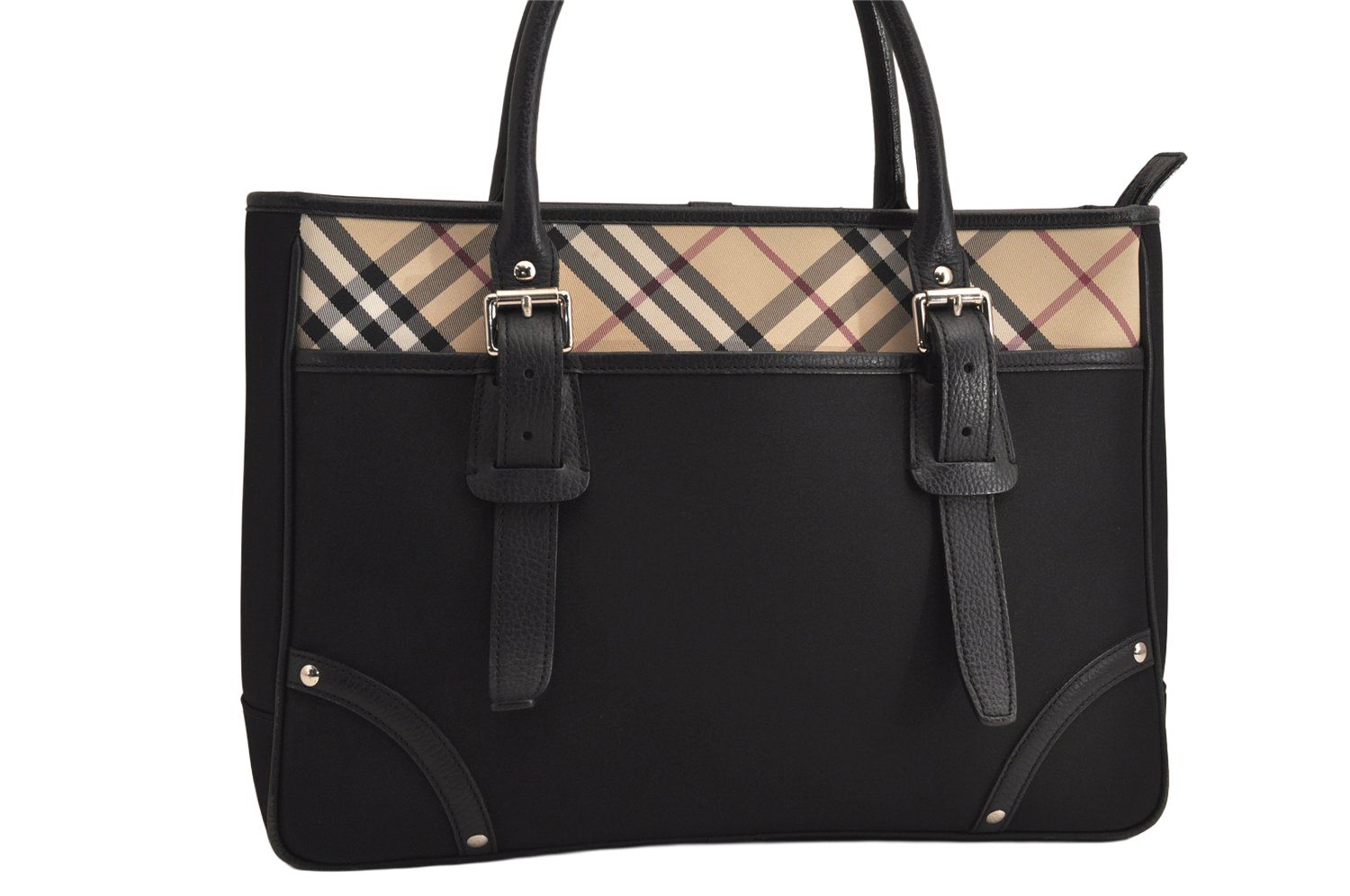 BURBERRY バーバリー ヴィンテージ チェック柄 ショルダートートバッグ ナイロン レザー ブラック 7497M