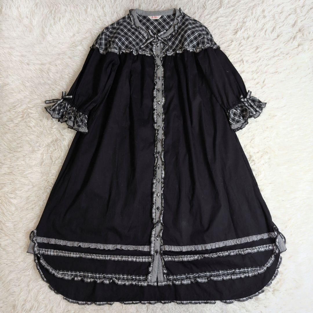 人気 ️PINK HOUSE ピンクハウス ギンガムチェック ピコフリルティアードワンピース 近年 ロング マキシ フ Aライン ゆったり フリーサイズ F 襟付き リボン 五分袖