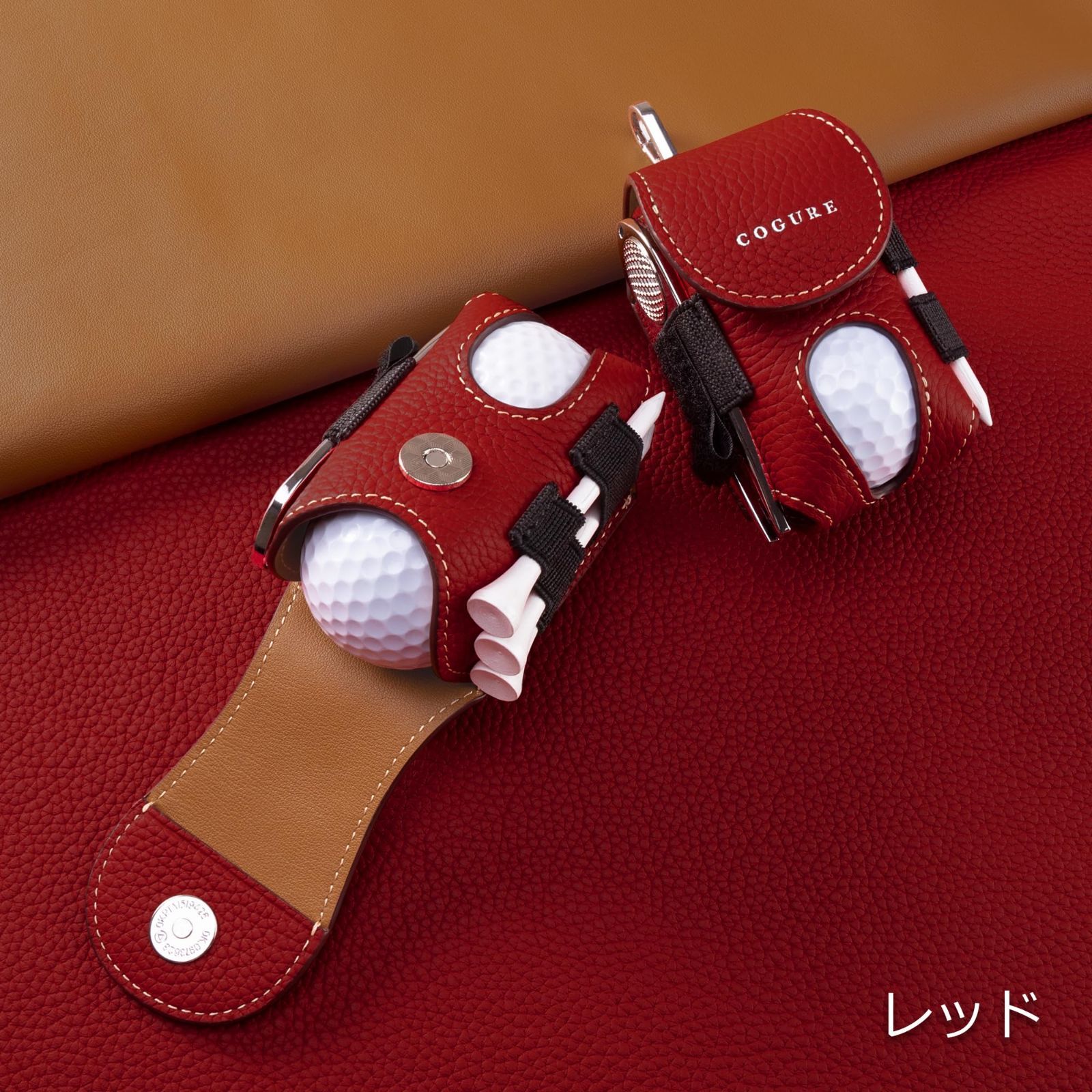 COGURE コグレ ゴルフボールケース 本革 メンズ レディース ボール2個収納 ティー収納 グリーンフォーク マーカー グローブホルダー 回転式クリップ ギフトボックス付き CopGBC-R 右腰タイプ レッド