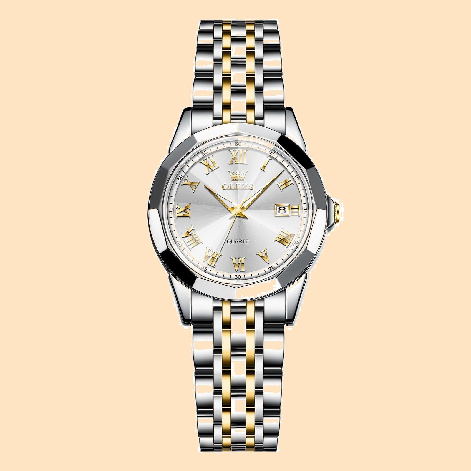 商品 OLEVS 腕時計 防水 レディース 人気 小さい時計ビジネス ファッション おしゃれ アナログクオーツ メタル ゴールドホワイト ステンレスバンド 女性用うで時計 日付 Women Watch 銀文字盤 クリスタル 耐圧ウォッチ かわいい カジュ