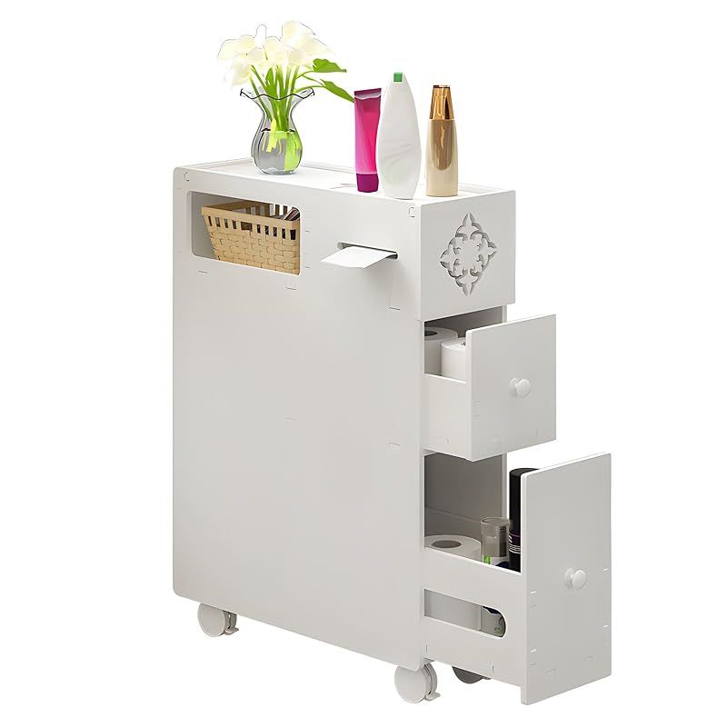 YASICA トイレ収納 トイレラック ブラシ ペーパー 収納 薄型 引き出しタイプ スリム スライド式引き出し キャスター 付き 隙間収納 収納棚 組み立て 省スペース PVC素材 木製 省スペース 北欧 シンプル モダン 53×16×65cm 0