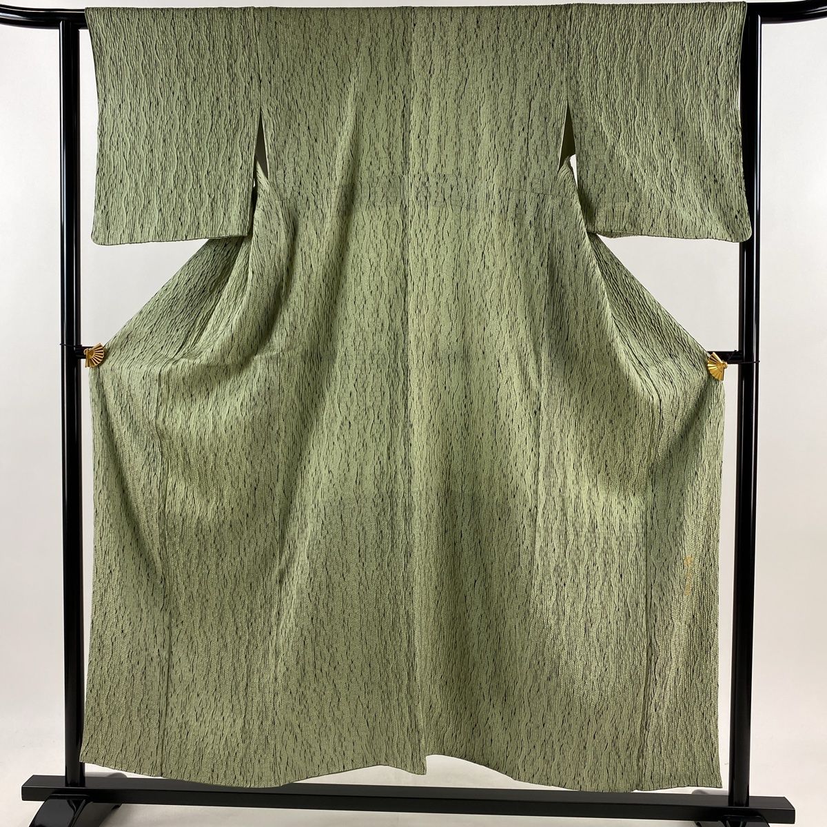 小紋 身丈153cm 裄丈63cm S 袷 輝染 落款 幾何学 絞り 薄緑 正絹 秀品