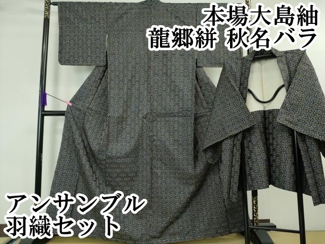 平和屋着物○本場大島紬 龍郷絣 秋名バラ アンサンブル 正絹 逸品