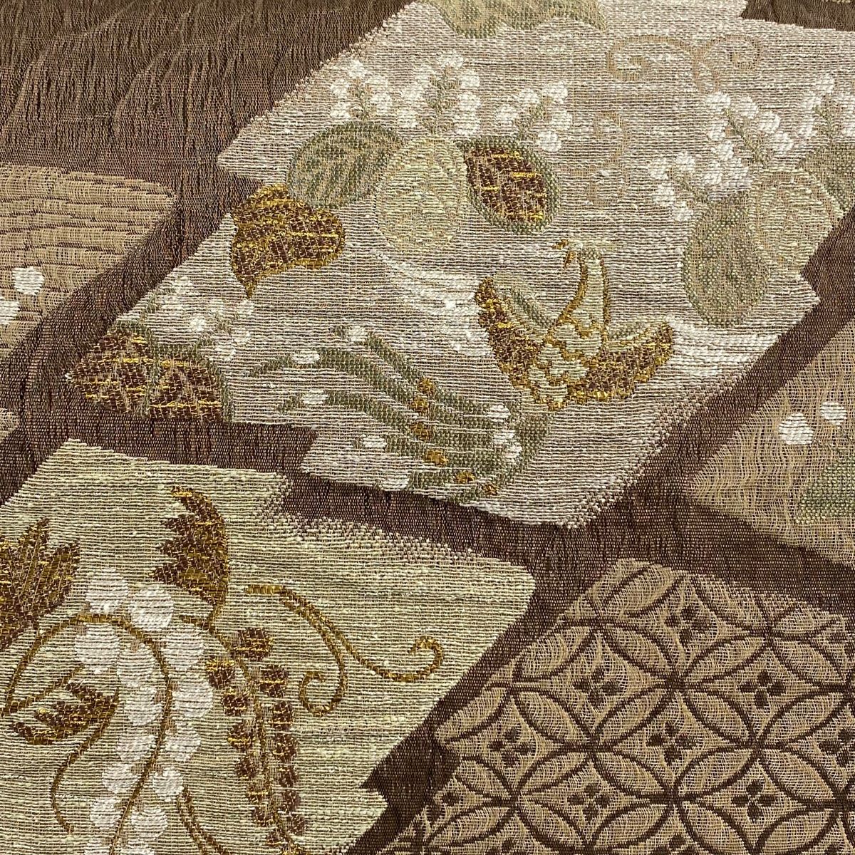 袋帯 関西仕立て となみ帯 草花 花鳥 箔 茶色 六通 正絹