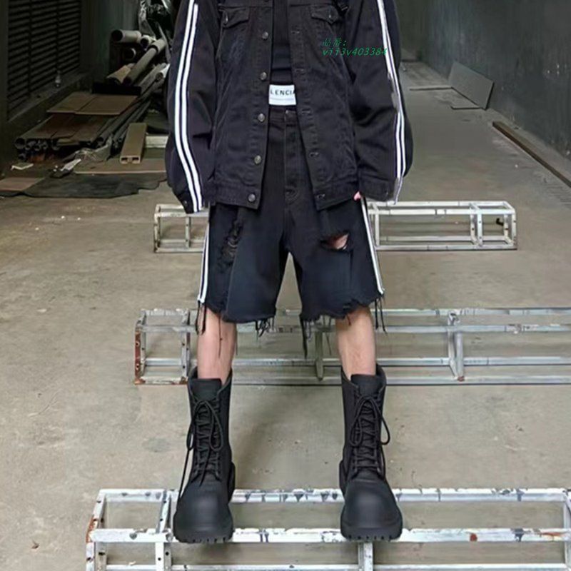 デニム ハーフ パンツ ライン ダメージ 韓国 レディース ダンス ファッション 衣装 HIPHOP コーデ ストリート Y2K 原宿系 メンズライク K-POP vii3v403384