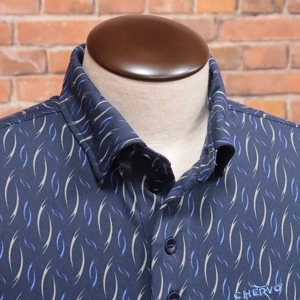 CHERVO 46サイズ ポロシャツ ANTEIL 総柄プリント 吸湿速乾 快適 ゴルフ 長袖 シェルボ 紺 ネイビー md126