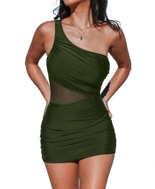 送料無料 カップシー レディース ワンピース トップス Women s Asymmetrical Mesh Waist Swim Dress Green