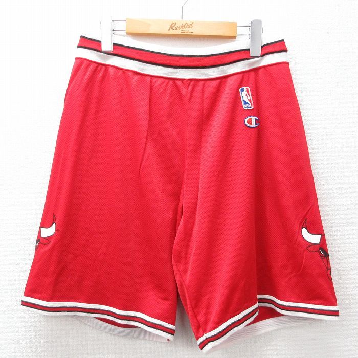 W33/古着 チャンピオン champion ショート トレーニング パンツ ショーツ メンズ 90s NBA シカゴブルズ メッシュ地 赤他 レッド バスケット