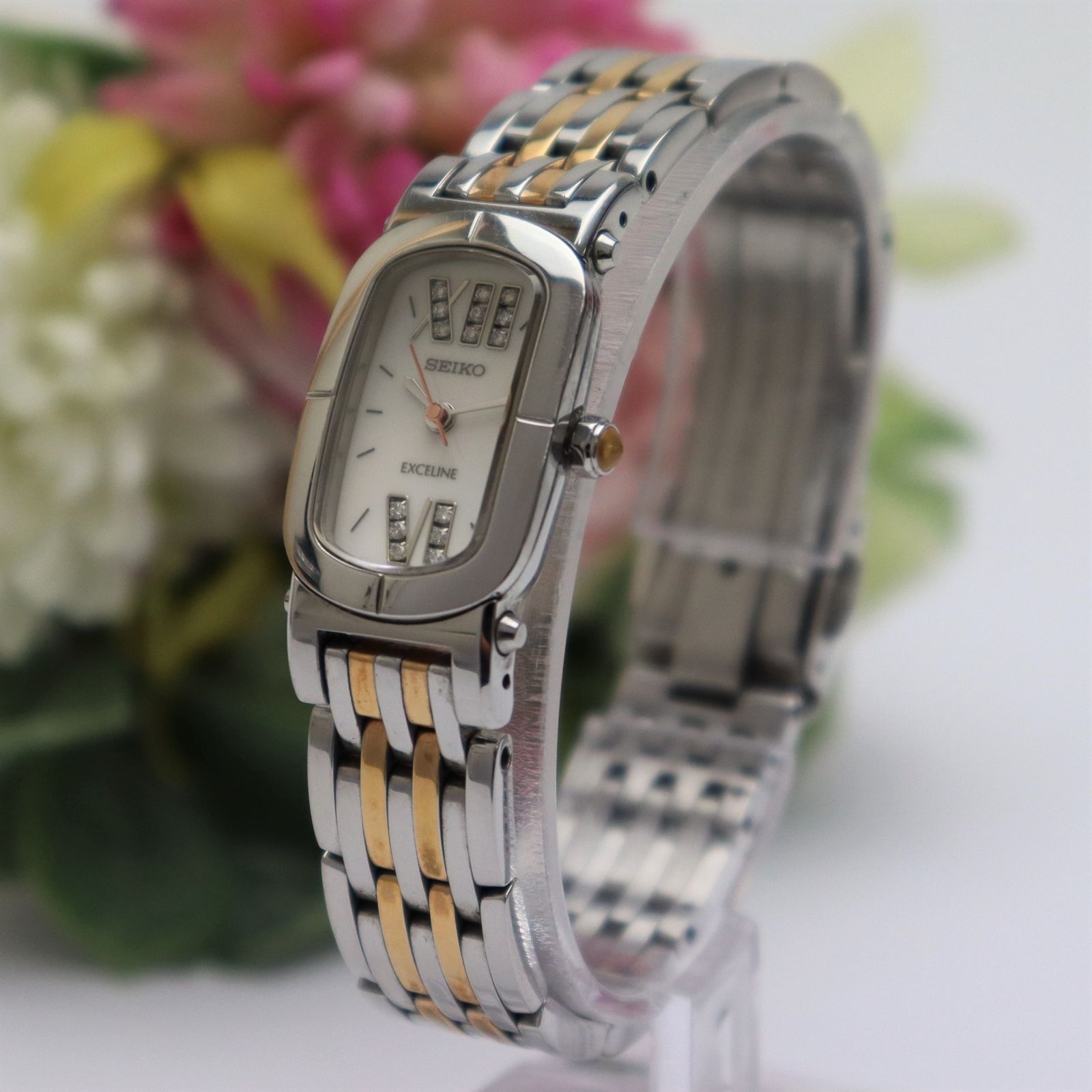 ◇稼働 SEIKO Exceline 腕時計 シェル文字盤 ブレスウォッチ セイコー