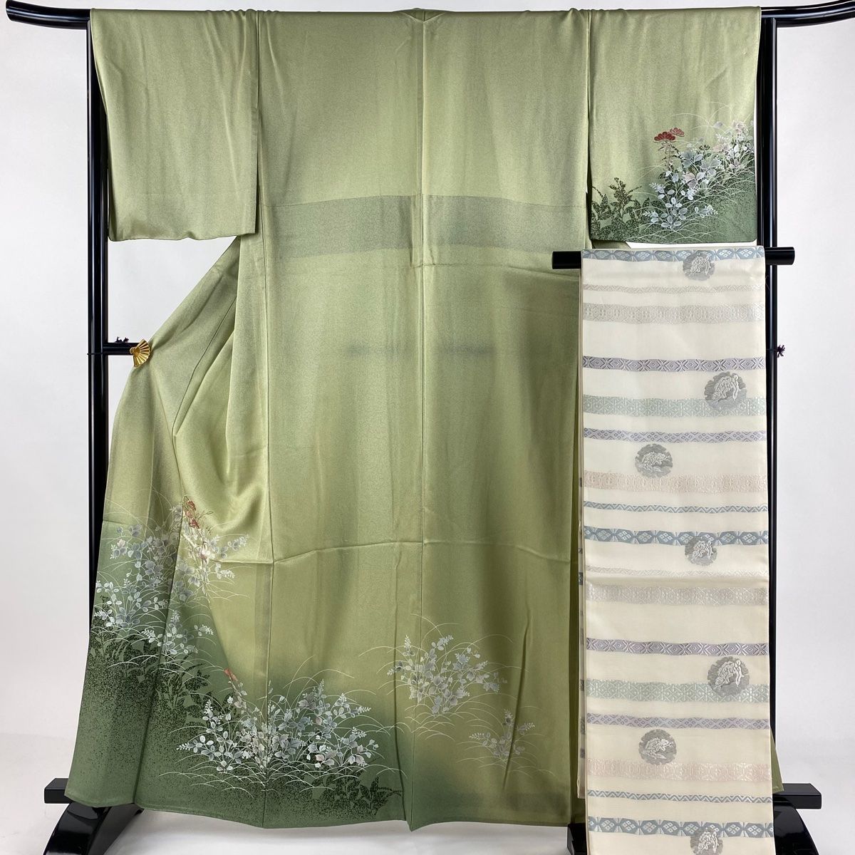 付下げ 身丈162cm 裄丈66cm M 単衣 鈴乃屋 袋帯セット 笠松 萩 刺繍 金糸 抹茶色 正絹 秀品